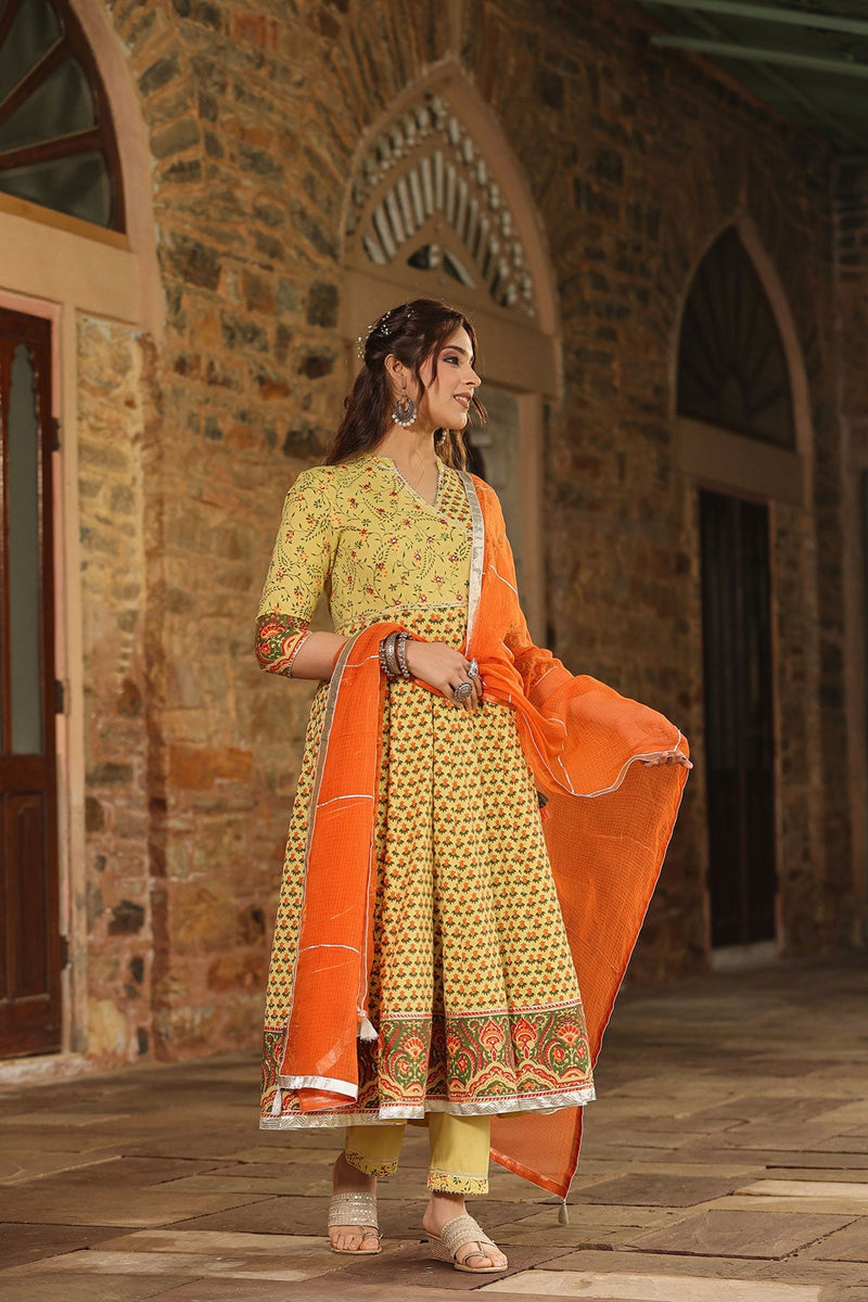 Fitrat Yellow Block Printed  Floral Anarkali Suit With Pant And Dupatta