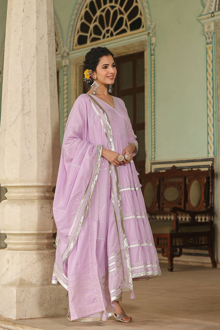 Qayamat Lavender Tiered Angrakha Gota Lace Kurta With Pant And Dupatta