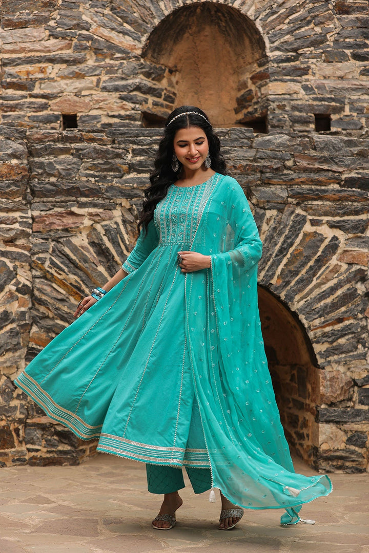 Deewani Green  Anarkali Gota Lace Kurta With Pant And Dupatta