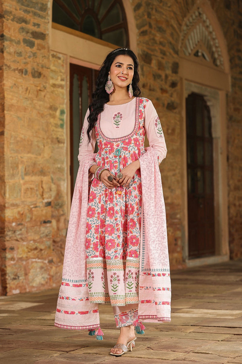 Dhwani Pink Block bedruckter Blumen-Anarkali-Anzug mit Hose und Dupatta