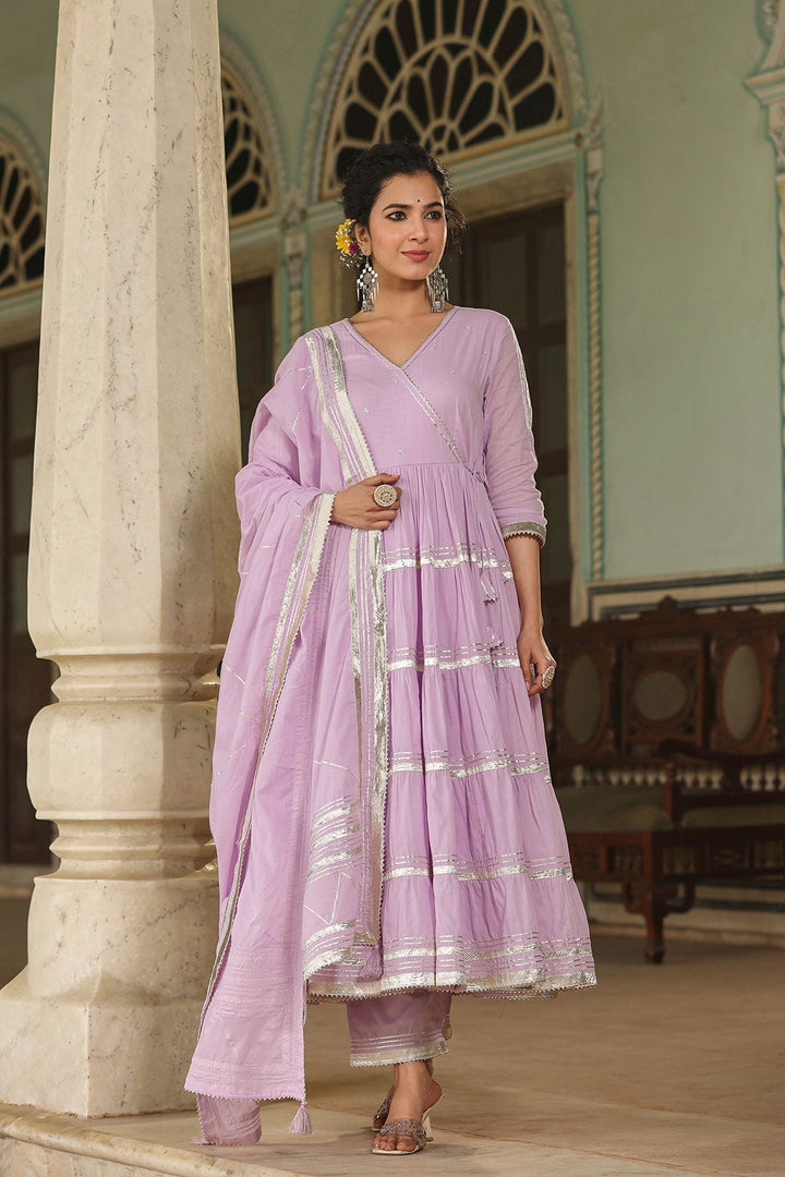 Qayamat Lavender Tiered Angrakha Gota Lace Kurta With Pant And Dupatta