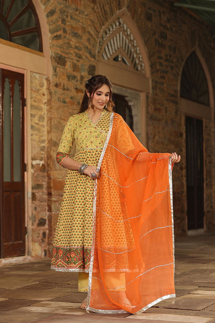 Fitrat Yellow Block Printed  Floral Anarkali Suit With Pant And Dupatta