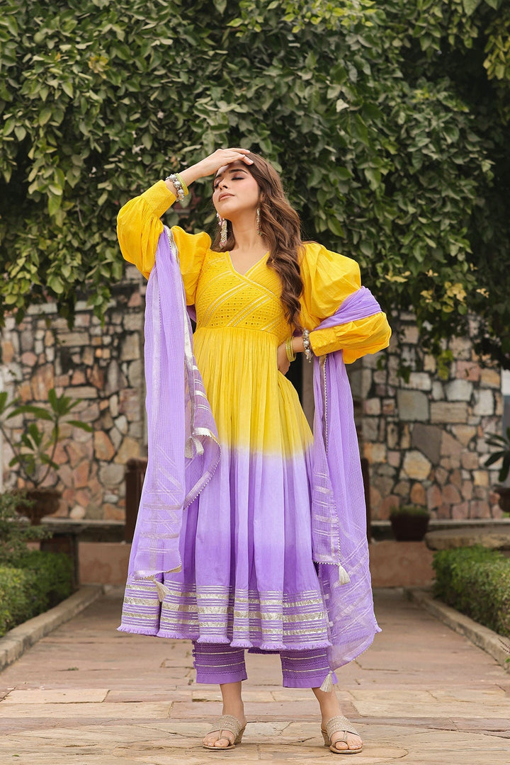 Ashmi Yellow Lavender Ombre Long Flared Gota Lace Kurta With Pant & Dupatta