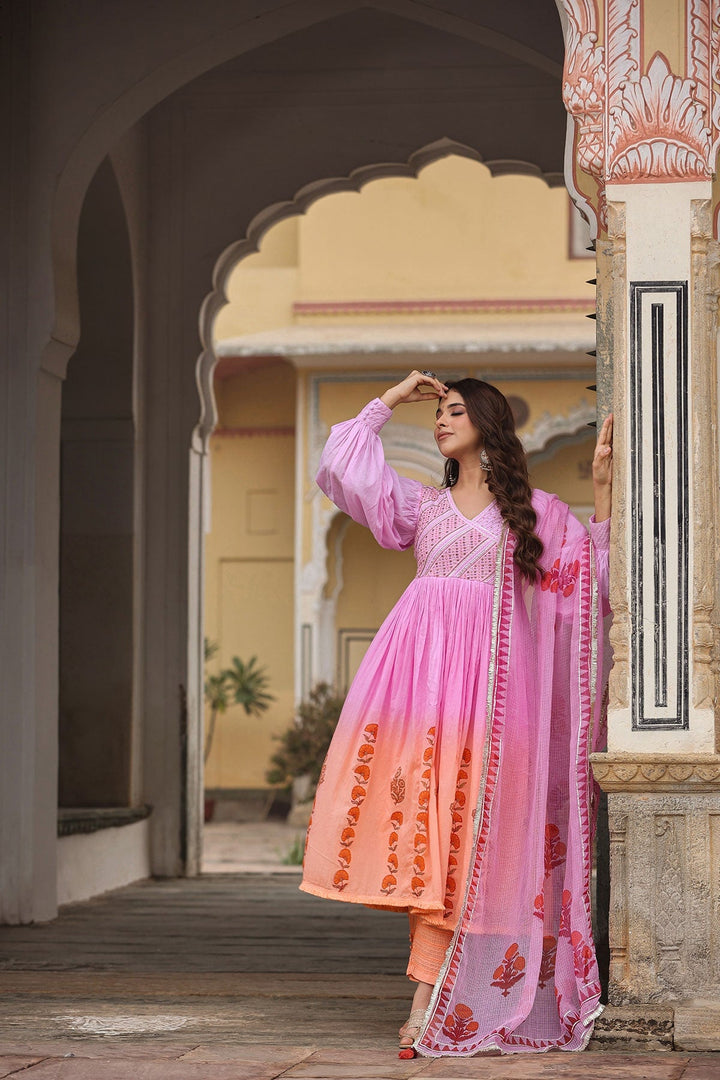 Falak Pink & Orange Ombre Block Printed Flared Long Kurta With Pant And Dupatta