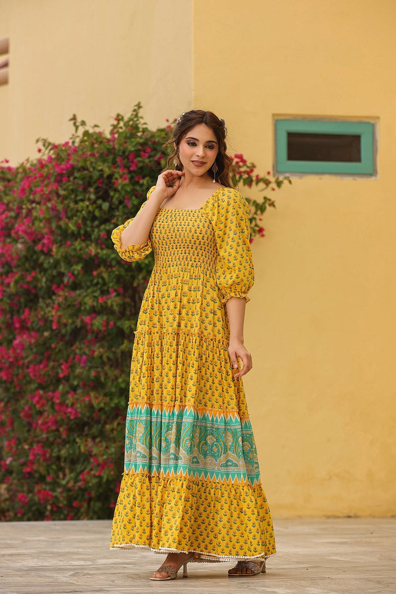 Haseena Block Printed  Tiered Long Dress