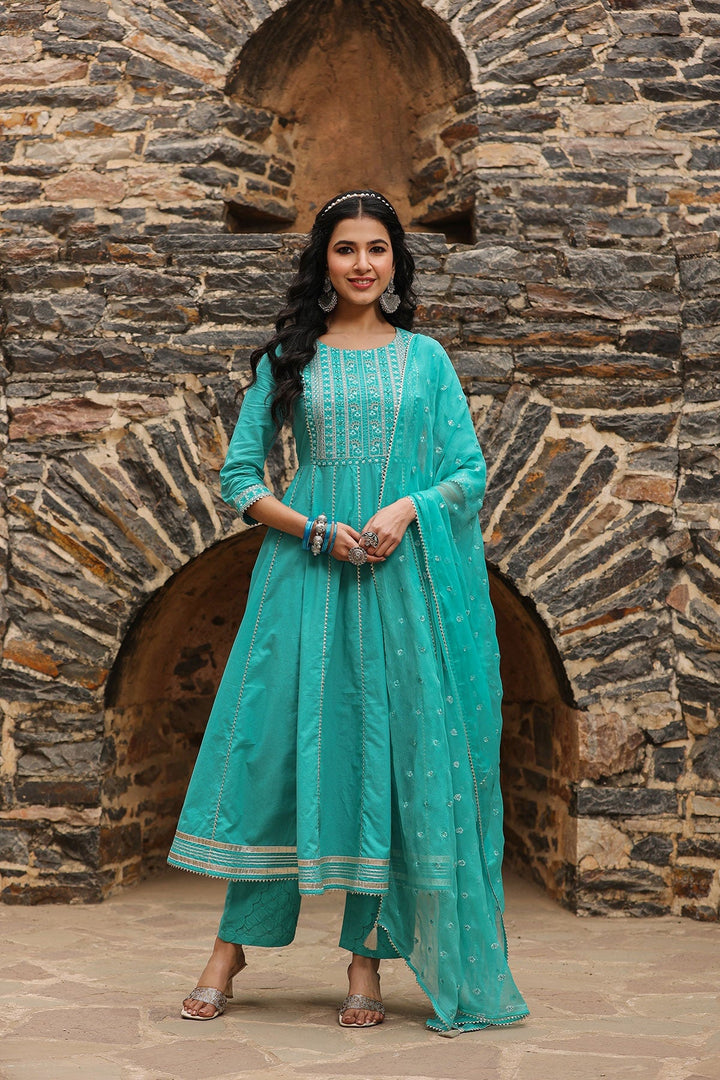 Deewani Green  Anarkali Gota Lace Kurta With Pant And Dupatta