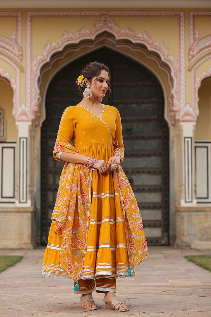 Tooba Angrakha Tiered Solid Suit Set With Pant And Dupatta