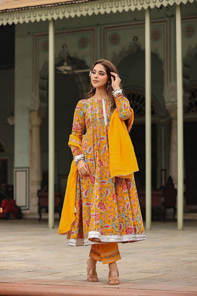 Inaya Yellow Floral Printed Anarkali Suit Set With Pant And Dupatta