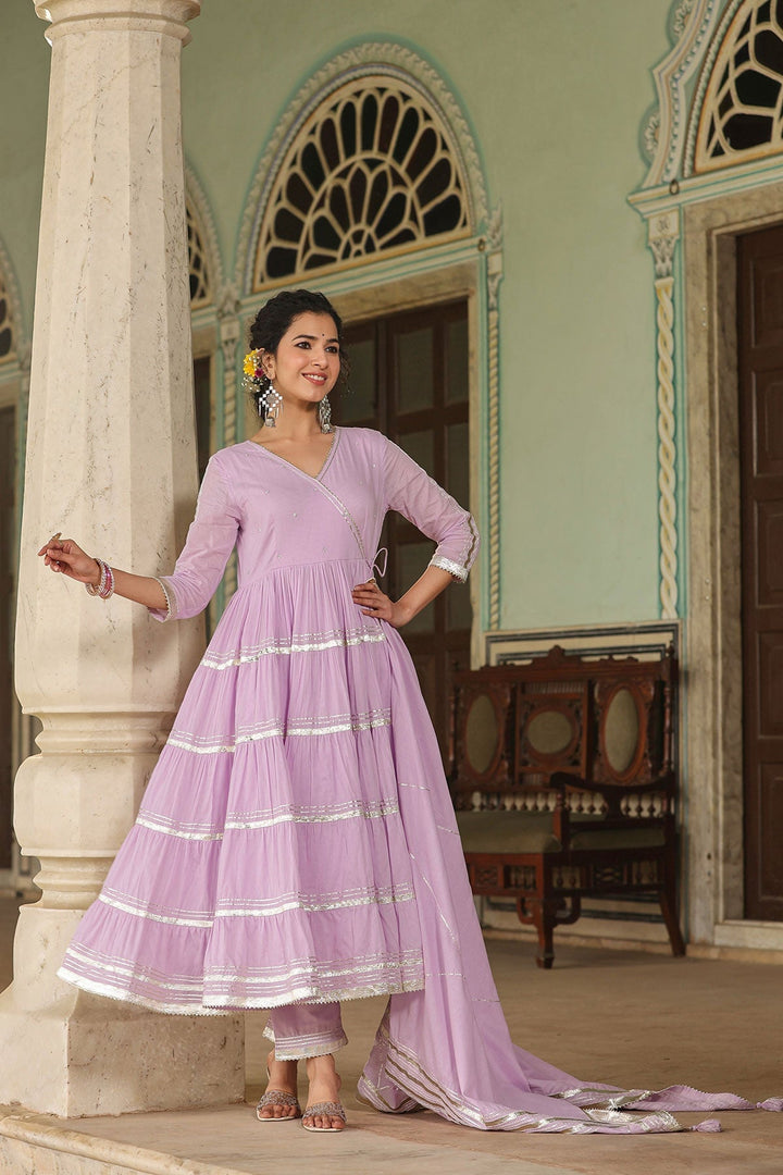 Qayamat Lavender Tiered Angrakha Gota Lace Kurta With Pant And Dupatta