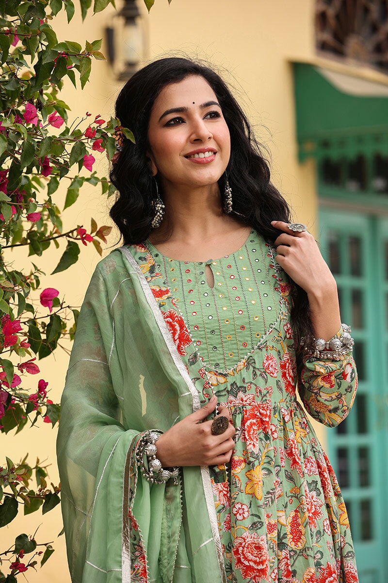 Iris Mint  Anarkali Floral Printed Gathered Suit Set With Palazzo And Dupatta