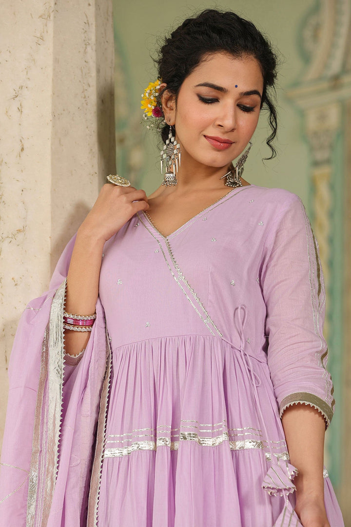 Qayamat Lavender Tiered Angrakha Gota Lace Kurta With Pant And Dupatta