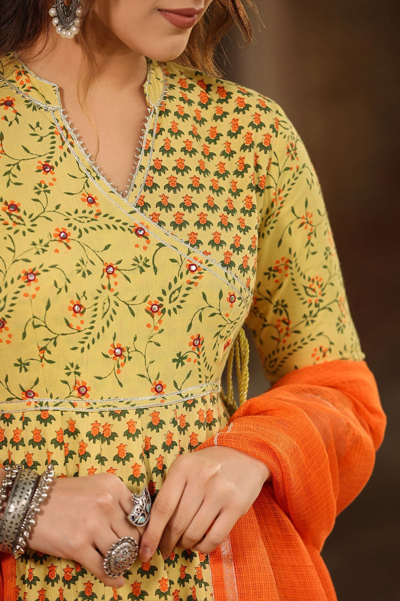 Fitrat Yellow Block Printed  Floral Anarkali Suit With Pant And Dupatta