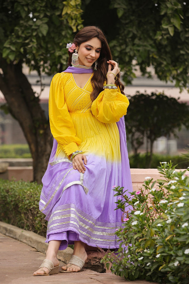 Ashmi Yellow Lavender Ombre Long Flared Gota Lace Kurta With Pant & Dupatta