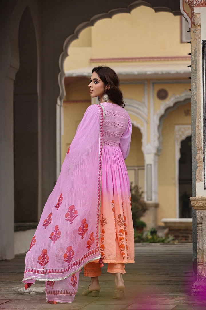 Falak Pink & Orange Ombre Block Printed Flared Long Kurta With Pant And Dupatta