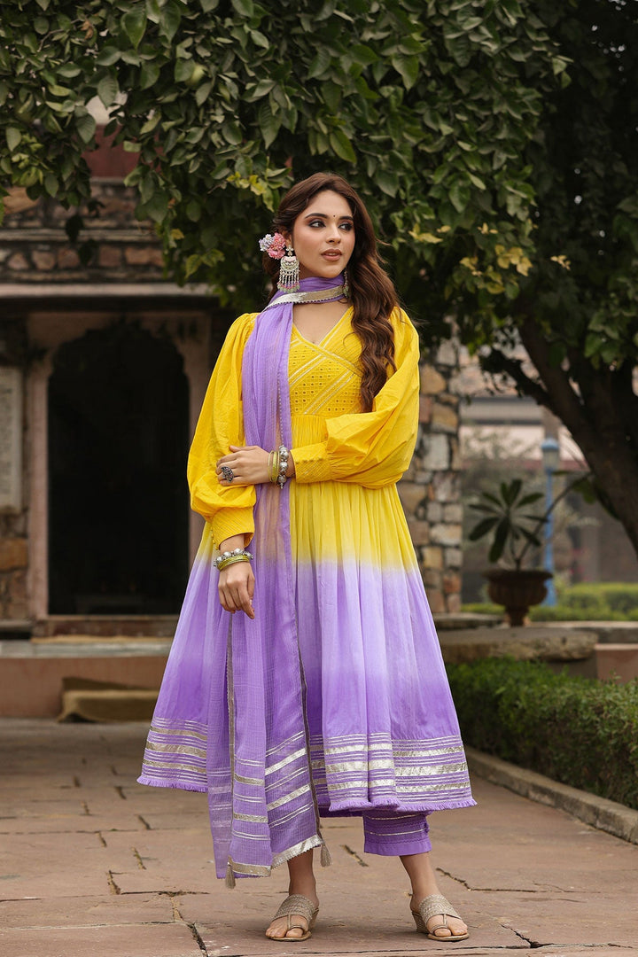 Ashmi Yellow Lavender Ombre Long Flared Gota Lace Kurta With Pant & Dupatta