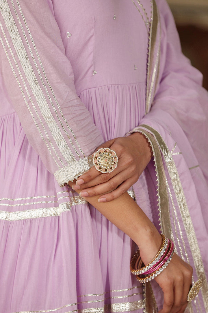 Qayamat Lavender Tiered Angrakha Gota Lace Kurta With Pant And Dupatta