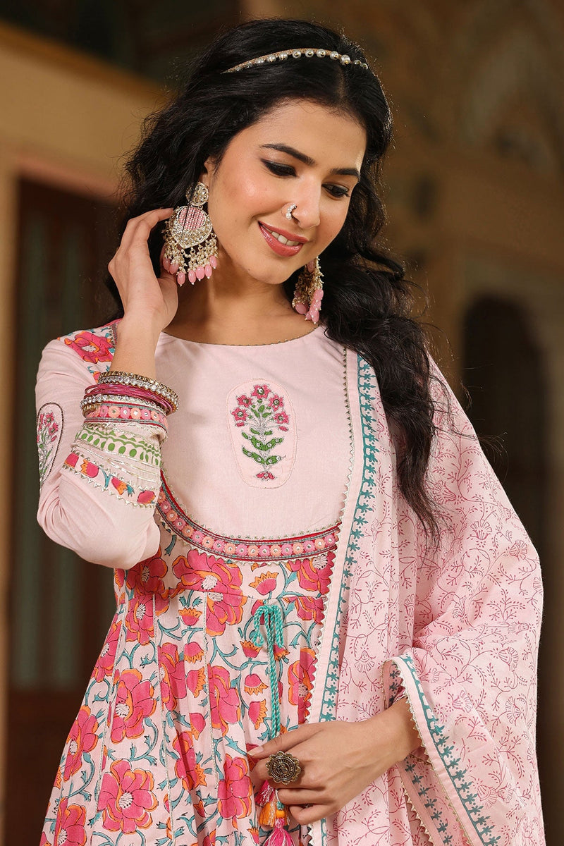 Dhwani Pink Block bedruckter Blumen-Anarkali-Anzug mit Hose und Dupatta
