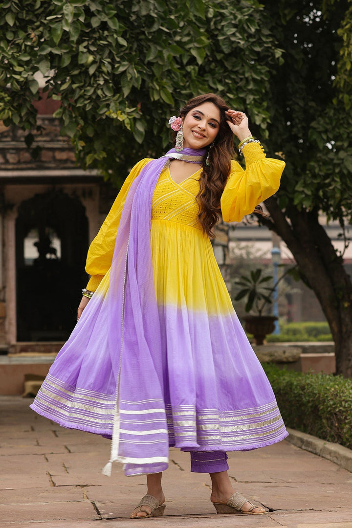 Ashmi Yellow Lavender Ombre Long Flared Gota Lace Kurta With Pant & Dupatta