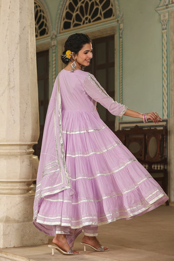 Qayamat Lavender Tiered Angrakha Gota Lace Kurta With Pant And Dupatta