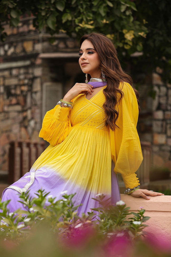 Ashmi Yellow Lavender Ombre Long Flared Gota Lace Kurta With Pant & Dupatta