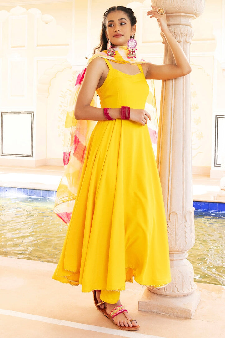 Acacia Lehariya Yellow Flared Kurta with Pant & Dupatta