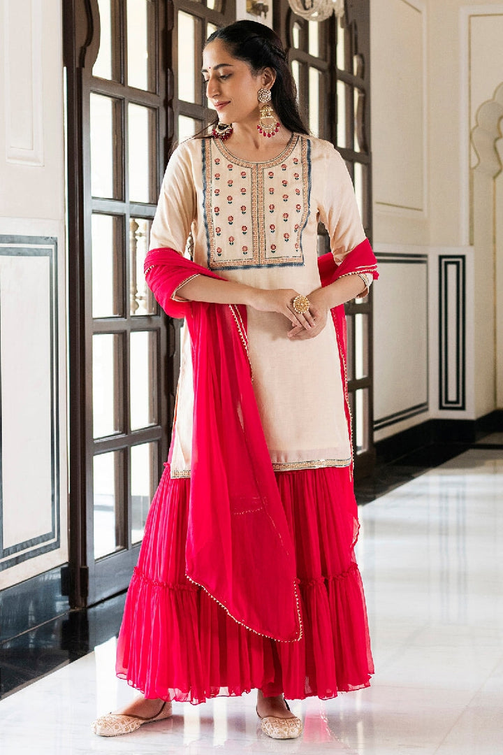 Afreen Peach Embroidered Kurta With Sharara & Dupatta