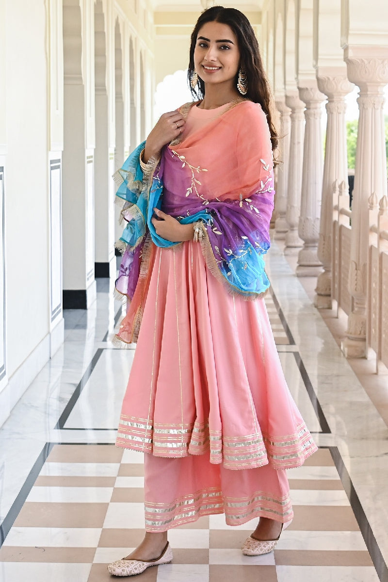 Baari Peach Flared Gota Kurta With Pant & Tie-dye Dupatta