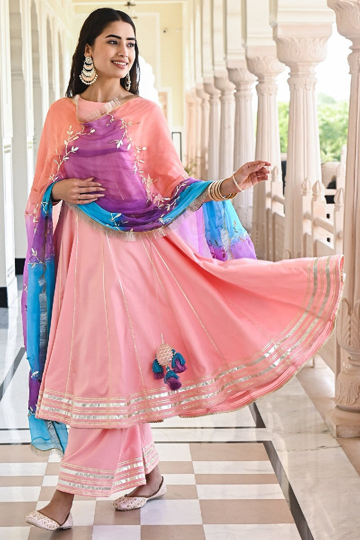 Baari Peach Flared Gota Kurta With Pant & Tie-dye Dupatta