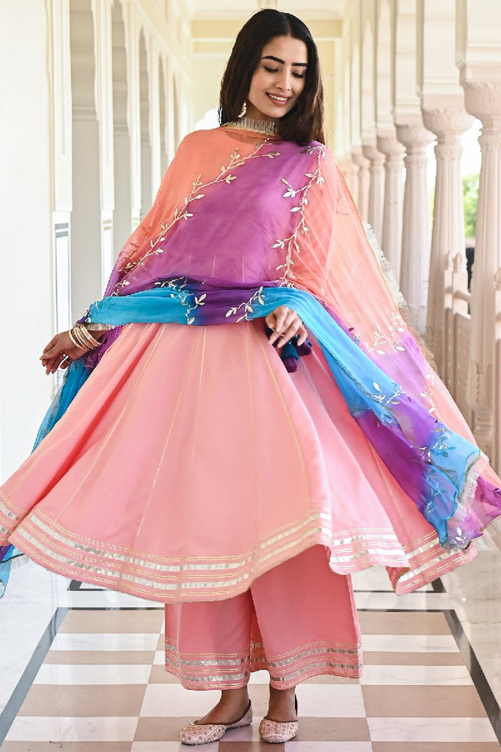 Baari Peach Flared Gota Kurta With Pant & Tie-dye Dupatta