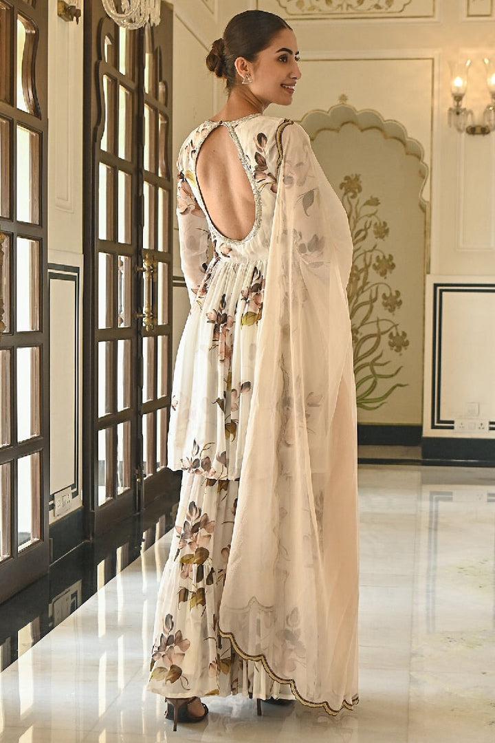 Bela Printed white Sequins Flared Kurta With Sharara & Scalloped Dupatta