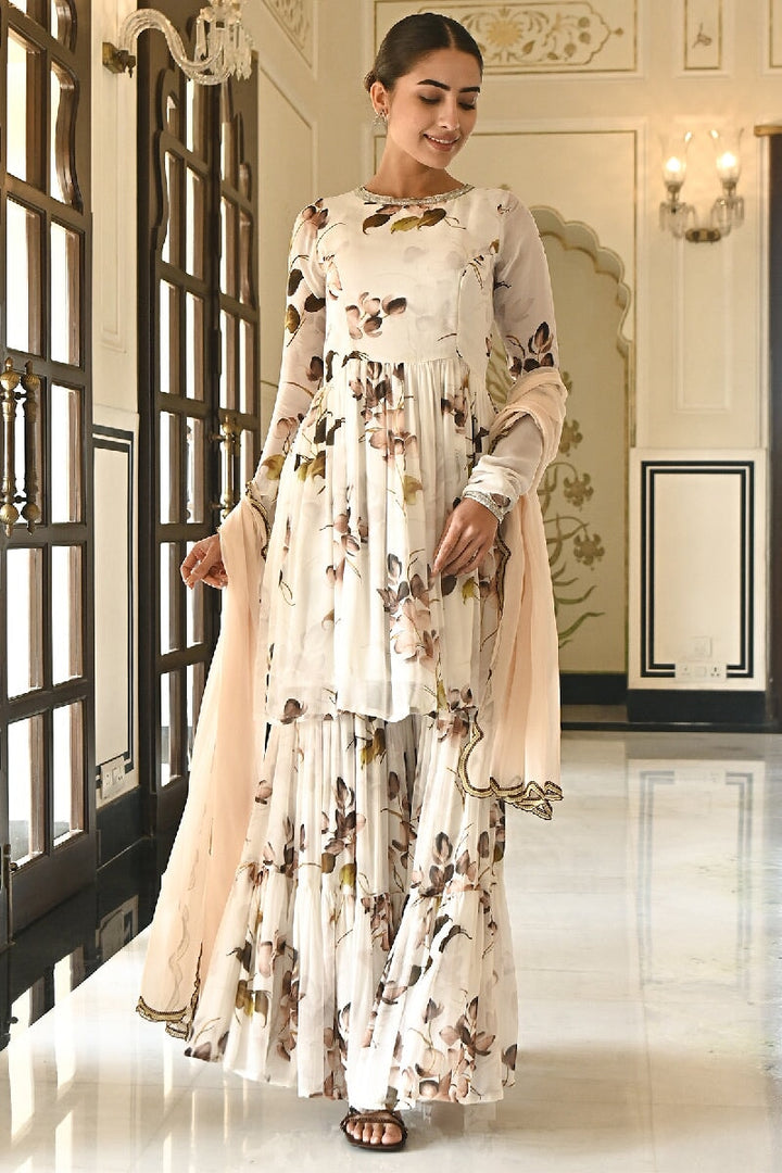 Bela Printed white Sequins Flared Kurta With Sharara & Scalloped Dupatta