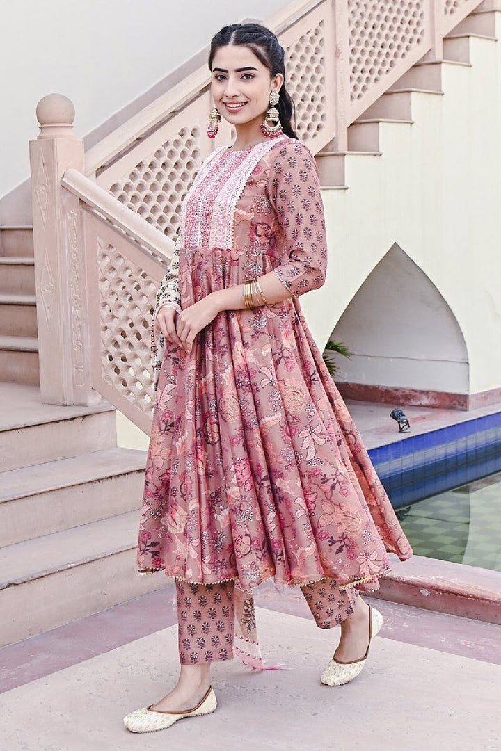 Dahlia Printed Light Orange Embroidered Flared Kurta With Pant & Dupatta