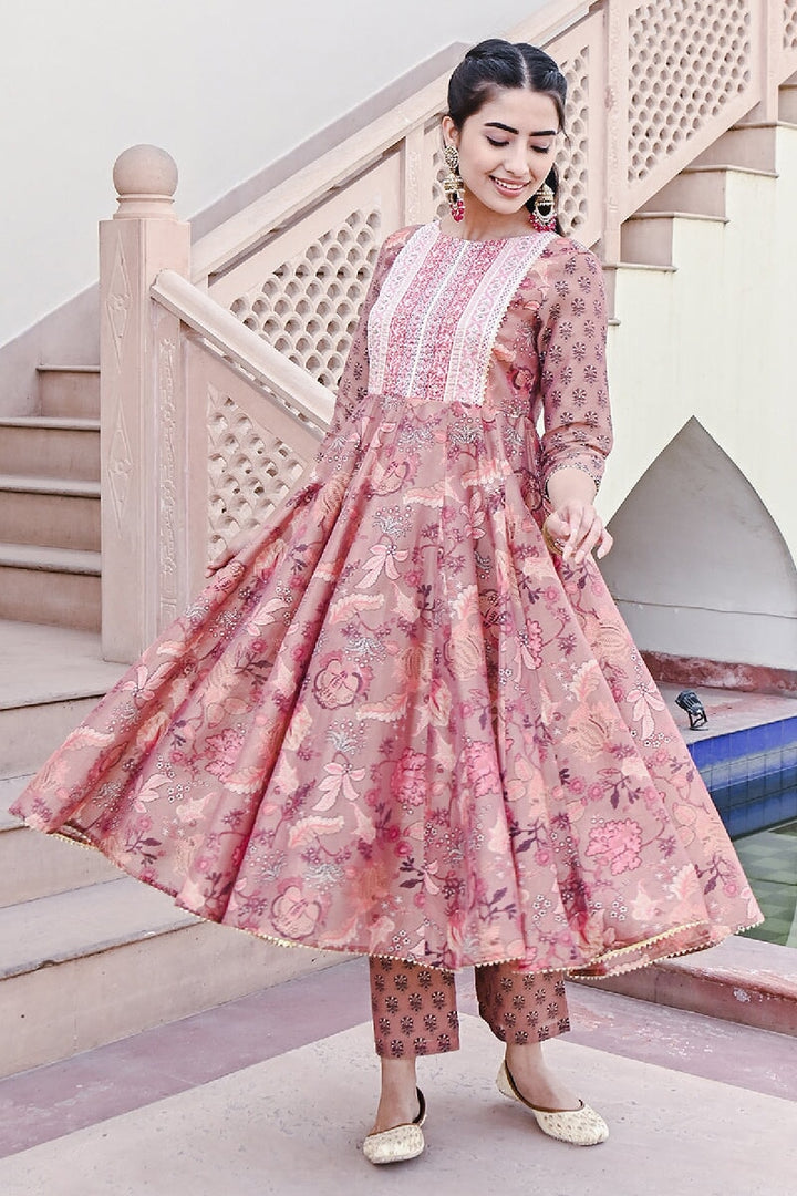 Dahlia Printed Light Orange Embroidered Flared Kurta With Pant & Dupatta