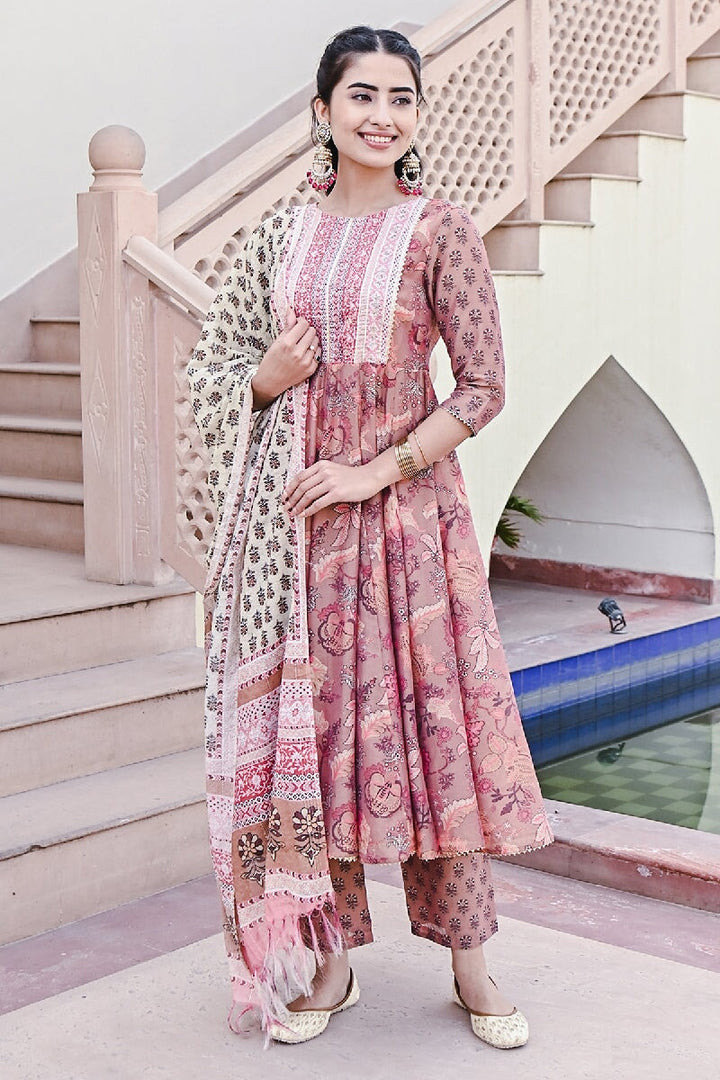 Dahlia Printed Light Orange Embroidered Flared Kurta With Pant & Dupatta