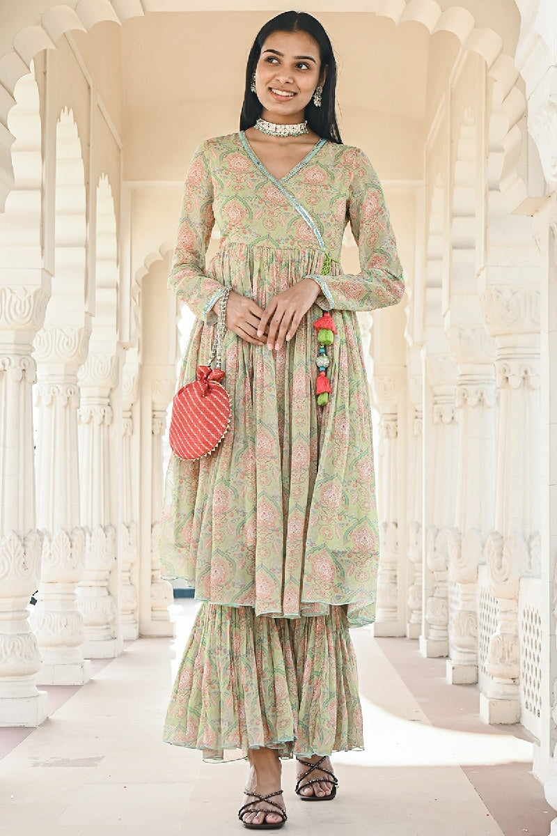 Roomani Printed Green Sequins Angrakha Flared Kurta & Sharara