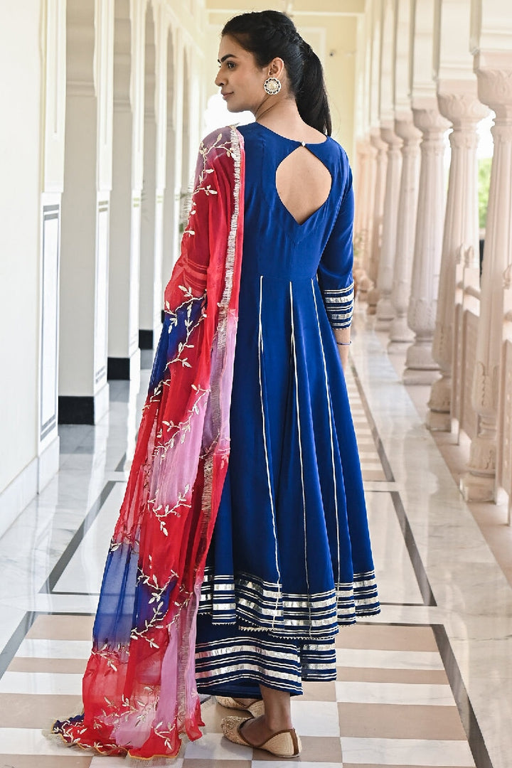 Gauri Deep Blue Flared Gota Kurta With Sharara & Dupatta