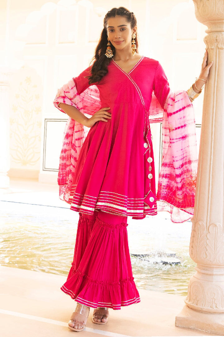 Gulabo Pink Angrakha Kurta With Sharara & Dupatta