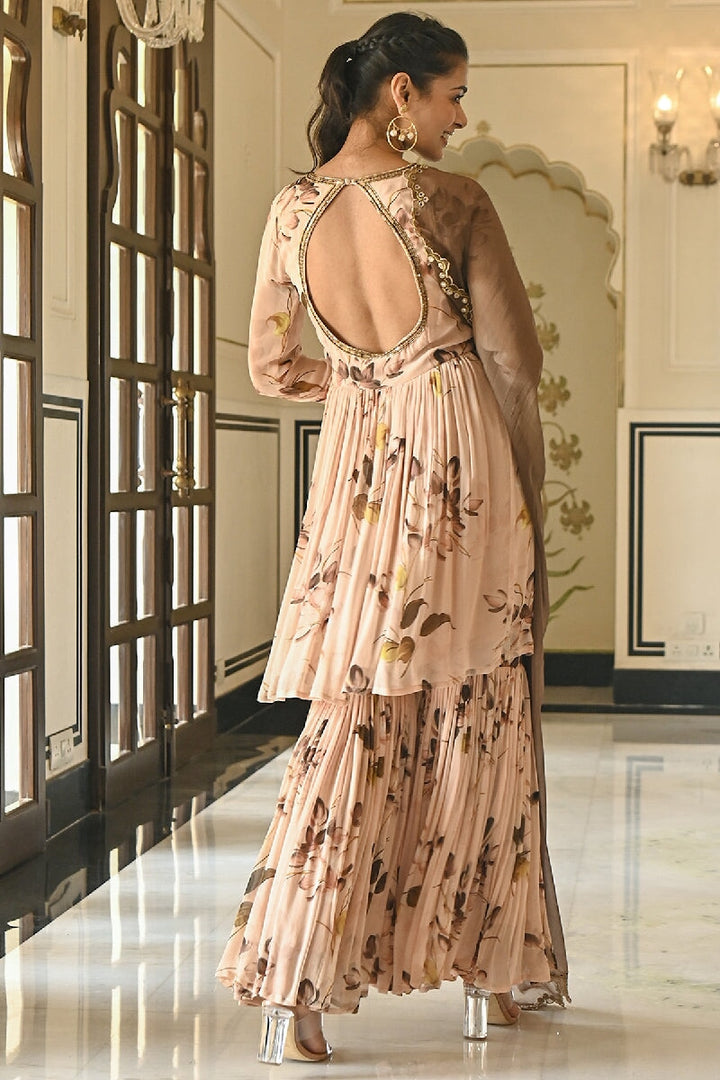 Hazel Printed Light Brown Sequins Flared  Kurta With Sharara & Dupatta