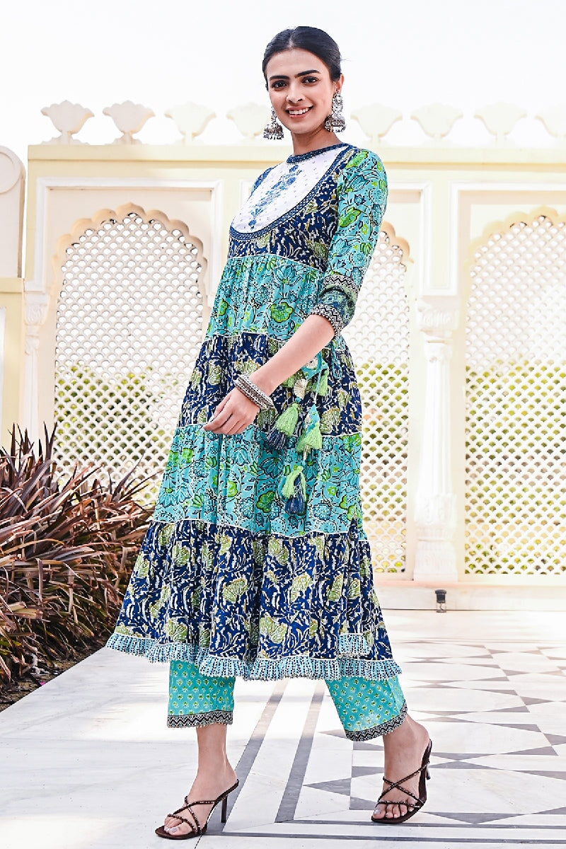 Jade Printed Blue-Green Embroidered Tiered Kurta With Pant & Dupatta