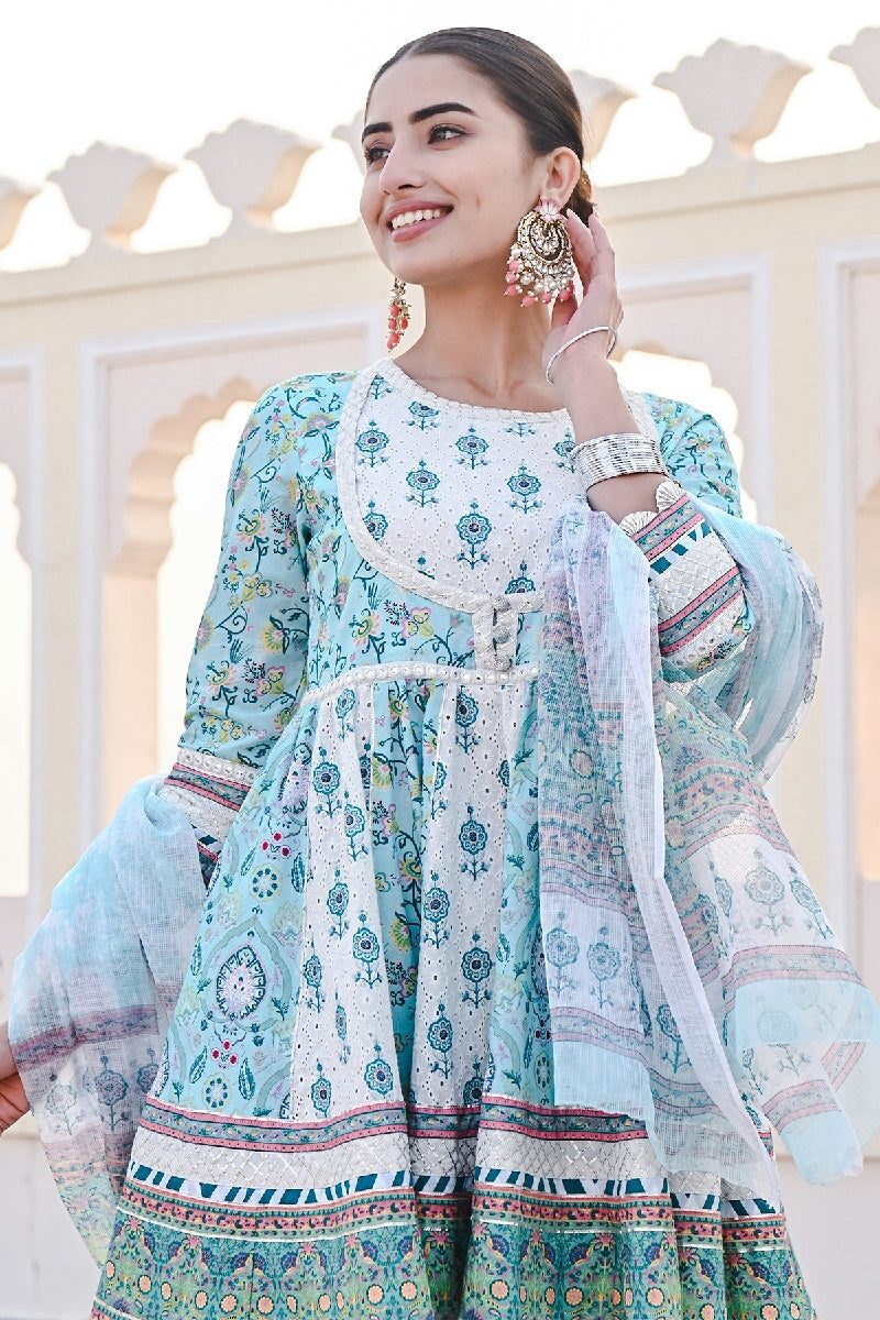 Jhoom Printed Blue-White Flared Kurta With Sharara & Dupatta