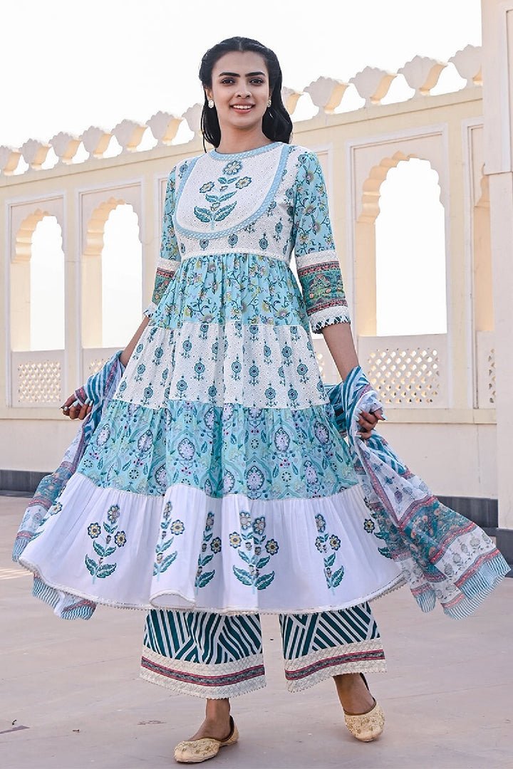 Kashish Printed White-Blue Sequins Flarred Kurta With Wide-Leg Pant & Dupatta