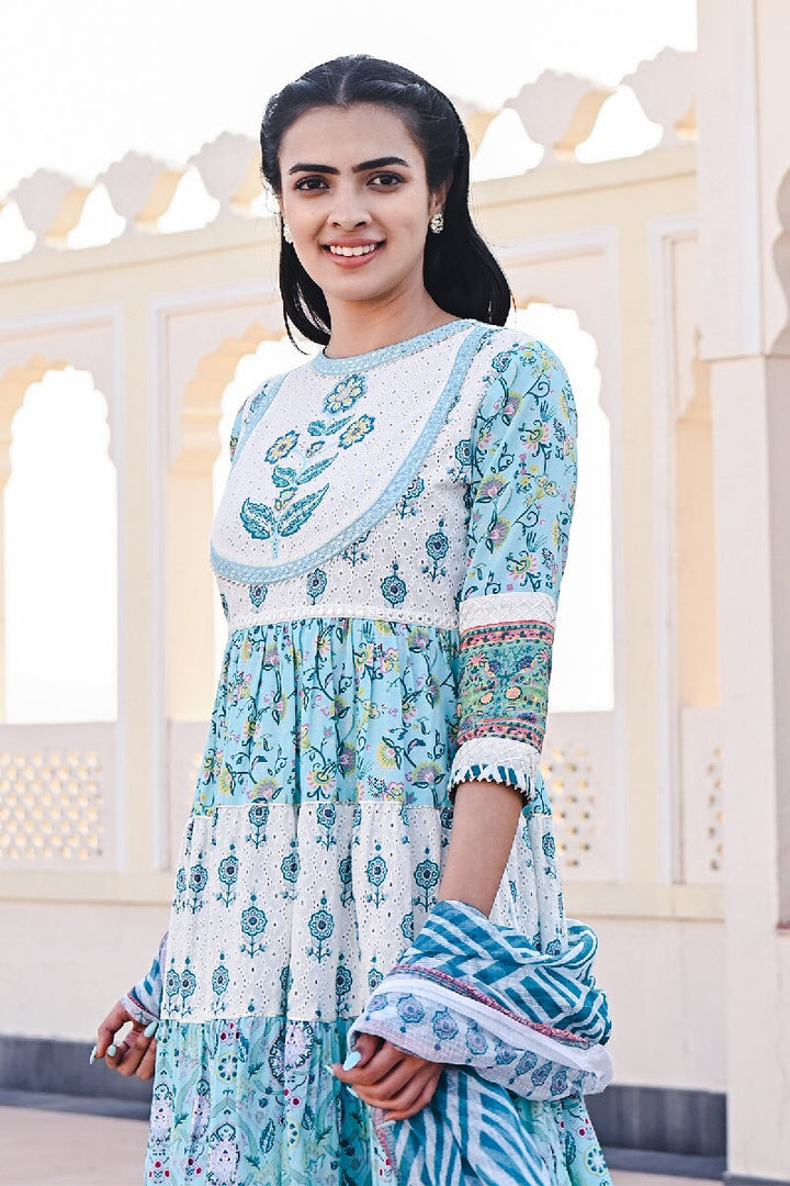 Kashish Printed White-Blue Sequins Flarred Kurta With Wide-Leg Pant & Dupatta