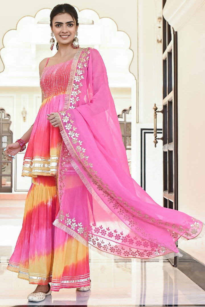 Khila Pink-Yellow Embroidered Spaghetti Kurta with Sharara & Gota Patti Dupatta