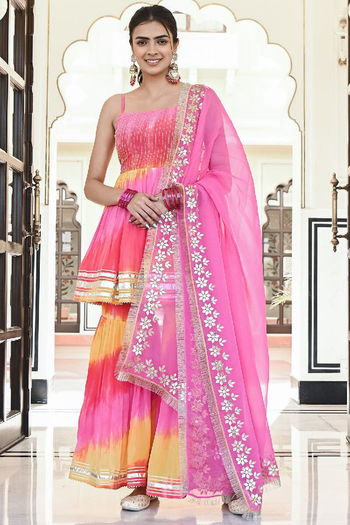 Khila Pink-Yellow Embroidered Spaghetti Kurta with Sharara & Gota Patti Dupatta