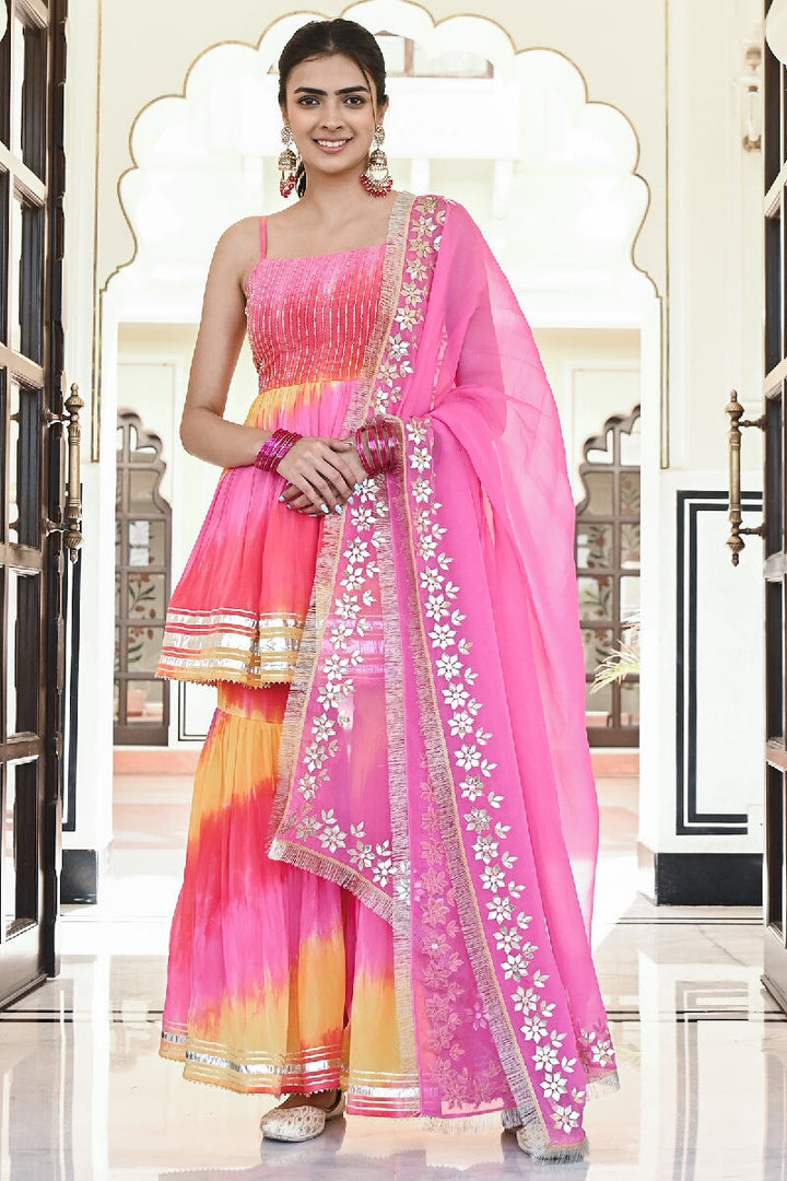 Khila Pink-Yellow Embroidered Spaghetti Kurta with Sharara & Gota Patti Dupatta