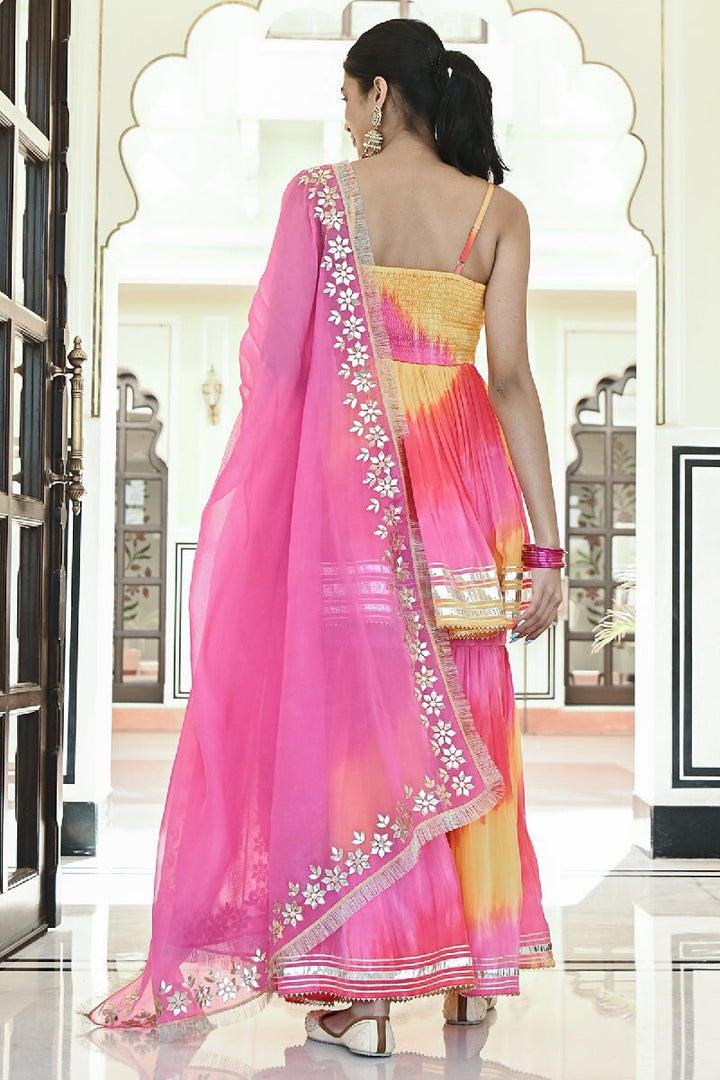 Khila Pink-Yellow Embroidered Spaghetti Kurta with Sharara & Gota Patti Dupatta