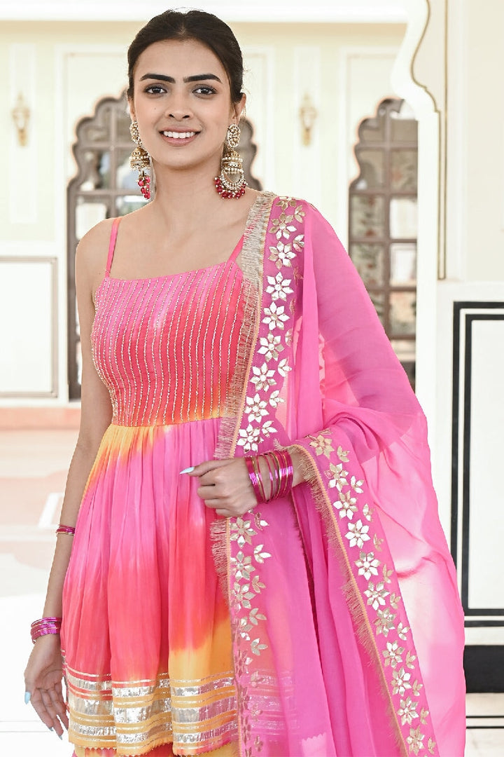 Khila Pink-Yellow Embroidered Spaghetti Kurta with Sharara & Gota Patti Dupatta