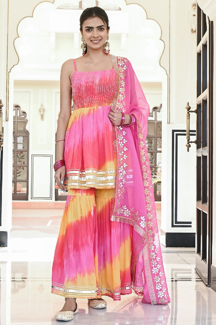 Khila Pink-Yellow Embroidered Spaghetti Kurta with Sharara & Gota Patti Dupatta