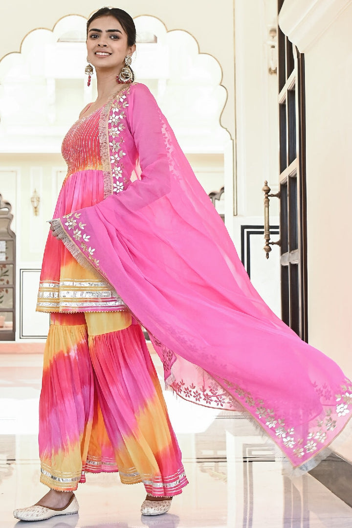 Khila Pink-Yellow Embroidered Spaghetti Kurta with Sharara & Gota Patti Dupatta