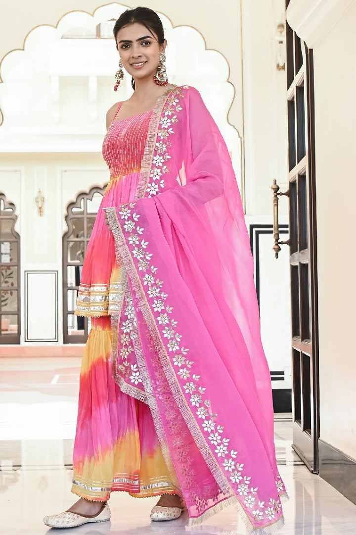 Khila Pink-Yellow Embroidered Spaghetti Kurta with Sharara & Gota Patti Dupatta